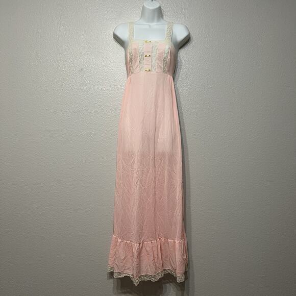 Vintage 70s Henson Kickernick Pink Lace Tiered Long Full Sweep Nightgown Nylon S - Picture 1 of 6